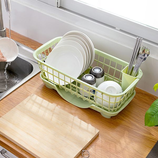 Oppvaskstativ Rask drenering Avtakbar bunn Dreneringsbrett Design Sterk plast Oppvaskstativ for gaffel Spisepinner Grønn