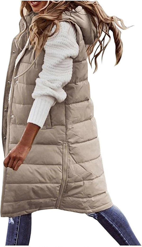 Damdunväst Vinterlång Varm Jacka Med Huva Quilted Kappa S Beige