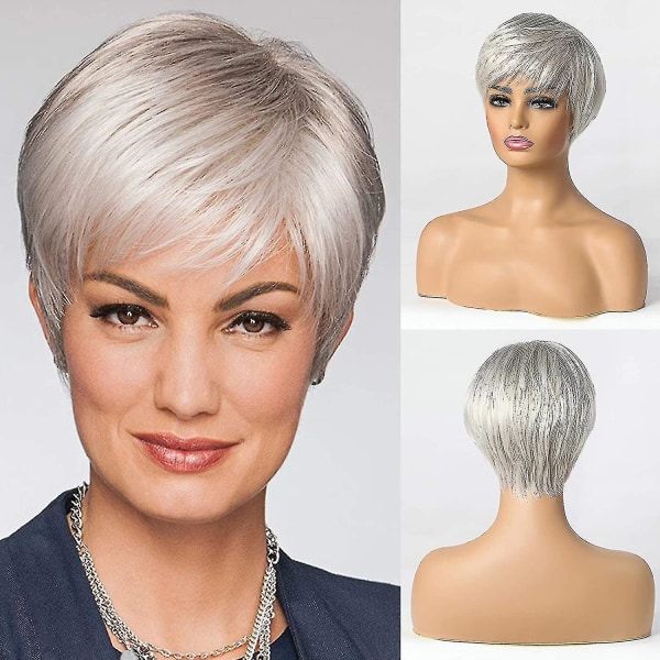 Kort sølvgrå menneskehårblanding Parykker for kvinner, naturlig hår Pixie Cut Parykk, lett/pustende/myk (farge 101)