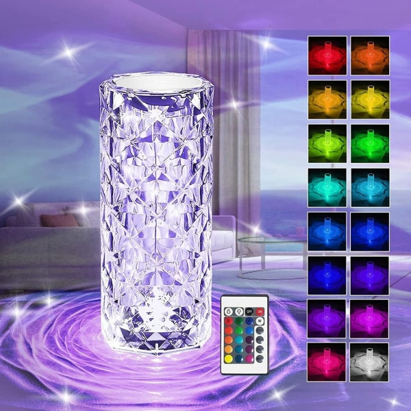 Krystallampe, 6-vejs dæmpbar krystalbordlampe med 16 RGB farver, fjernbetjening