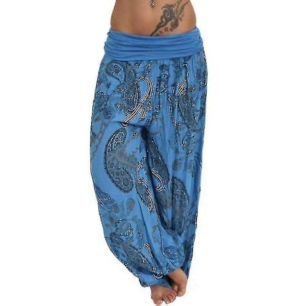 Dame Plus Size Blå Trykte Harem Bukser med Vidde