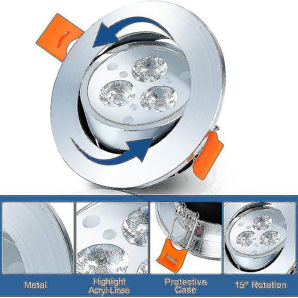 20-pack 3W runda LED-infällda downlights, 30 roterbara, kallvitt 3000k, 245 lumen, håldiameter 60mm