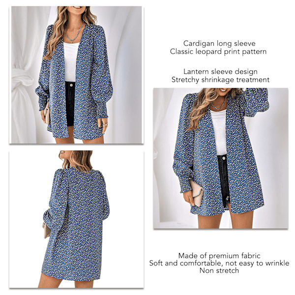 Kvinnor Lanternärm Cardigan Fashionabla klassiska leopardtryck Höst Vinter Långärmade Skjortor Tryckta Toppar Blå L