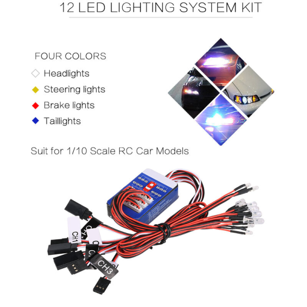 12 LED-belysningssystemsats Styrbroms Intelligent simuleringsblixtljus för 1/10 skalamodeller RC-bil Yokomo Tamiya HSP HPI AXIAL RC4WD Traxxas
