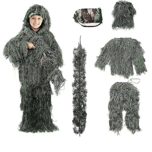 Barnestørrelse Ghillie Suit Camo Woodland Camouflage Forest Hunting Game 5-delt veske Green 130