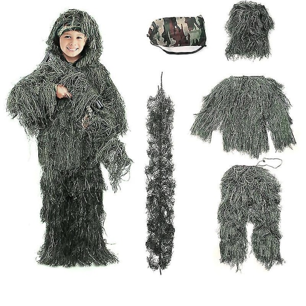 Børnestørrelse Ghillie Suit Camo Woodland Camouflage Skovjagtspil 5-delt taske Green 130
