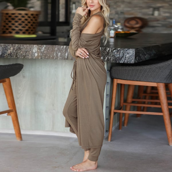 Kvinnor Pyjamas Set Höst Vinter Hem Kläder Set 3 delar Loungewear Set Väst Byxor Cardigan Set Khaki L