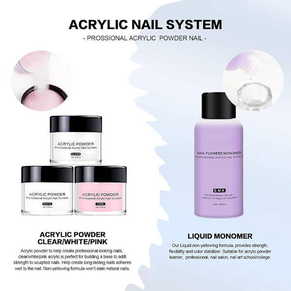 Akryl Nagelpulver Set Akryl Pulver och vätska Set med nagelborste Naglar Art Dekoration Extension Manikyr Verktyg