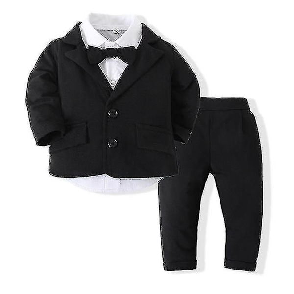 Baby Dreng Gentleman Suit Sæt - Sort Frakke, Hvid Skjorte og Bukser (6-12M)