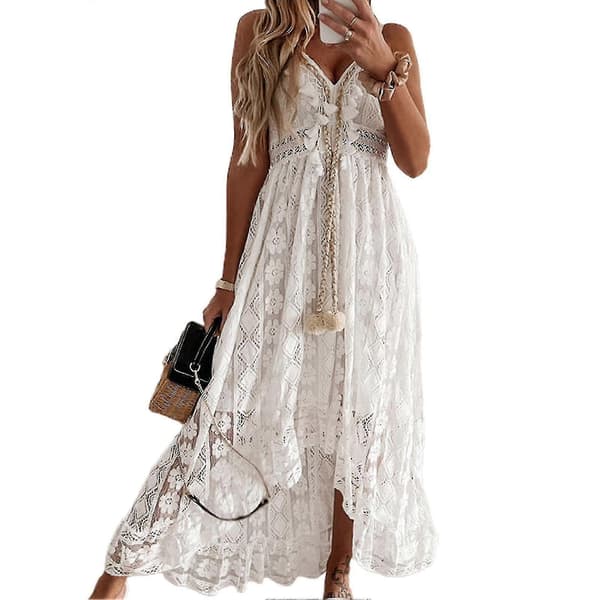 Damklänning Spets Stor Fåll Sommar Elegant Spaghetti Strap Midi-klänning För Fest White XL