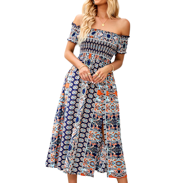 Kvinde One Piece Off Shoulder Kjole Boho Blomsterprint Slid Lang Kjole til Sommerferie Marineblå XL