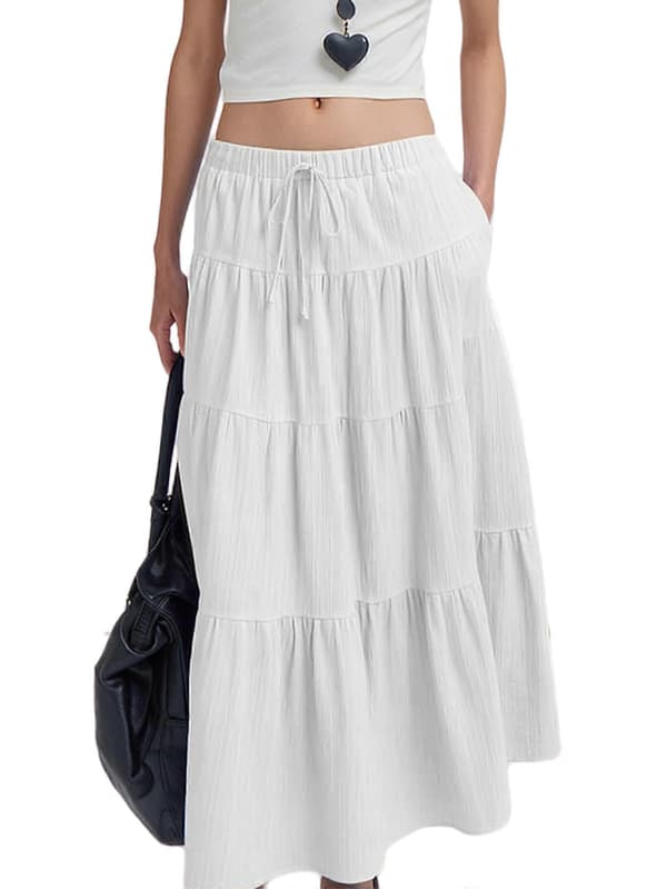 Boho Maxikjol för kvinnor, utsvängd volang, elastisk midja, sommar, A-linje, långa kjolar, vit XL White Xl