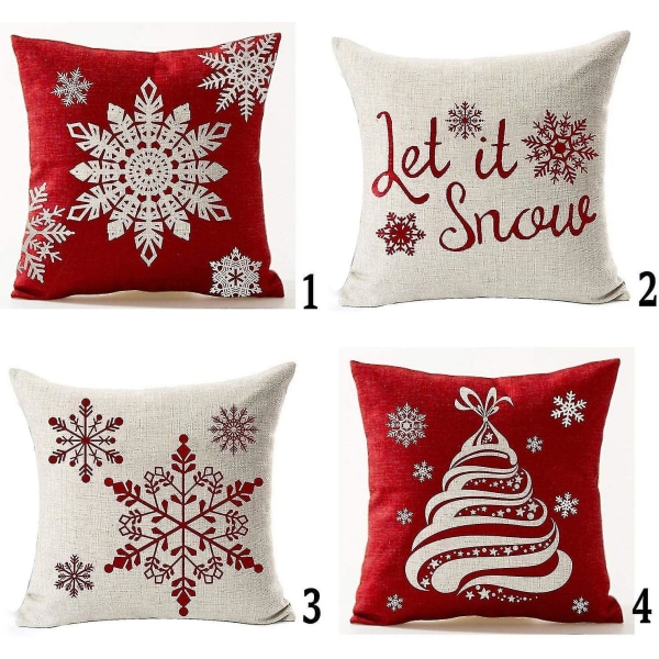 Sæt med 4 Happy Winter Beige Shadow Let It Snow Snowflakes I Red Merry Cotton