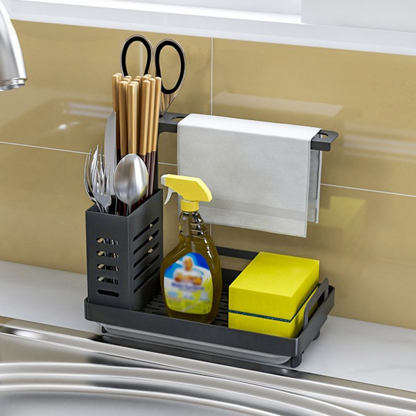 Oppvaskstativ Caddy Organizer 304 Rustfritt Stål Svamp Såpebørste Dispenser Holder med Klut Stativ Sugkopper Oppvaskstativ med Avløpsbeholder