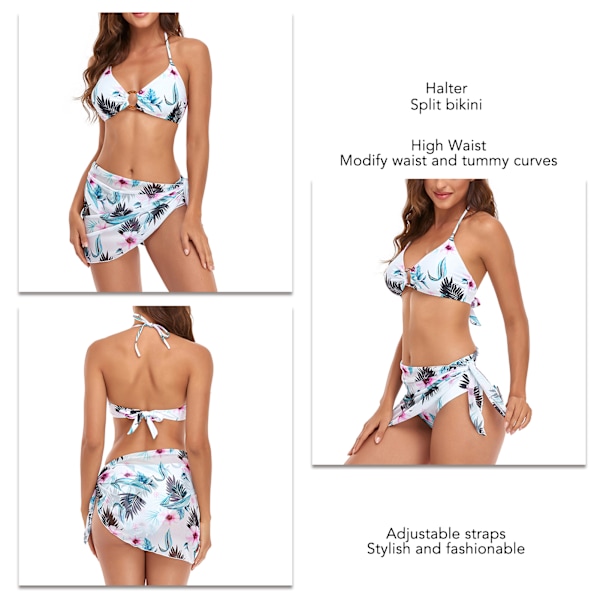 3st Kvinnors Bikini Set Halter String Wrap Top Hög midja Bikinitromlar Set med Cover Up Strandkjol Vit L