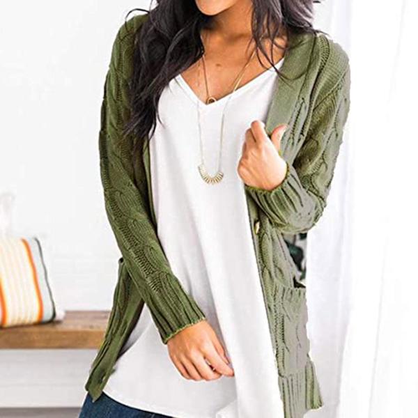 Blå XL Dame Casual Solid Farve Kabelstrikket Cardigan med Lomme