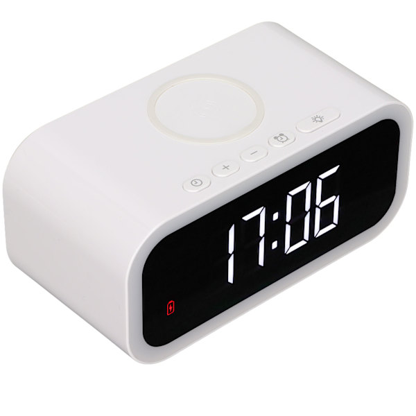 Nattljus väckarklocka 4 i 1 15W trådlös laddning Varmvit Nattljus LED-klocka Justerbar volym LED-klocka