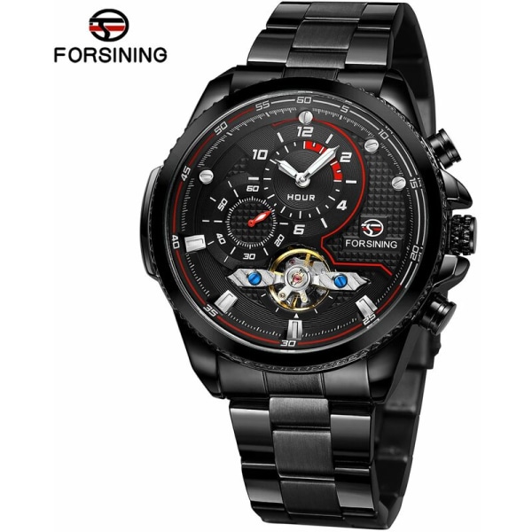 Forsining automatisk mekanisk ur til mænd med stålbånd Modearmbåndsur med hult design 3ATM ure, model: sort