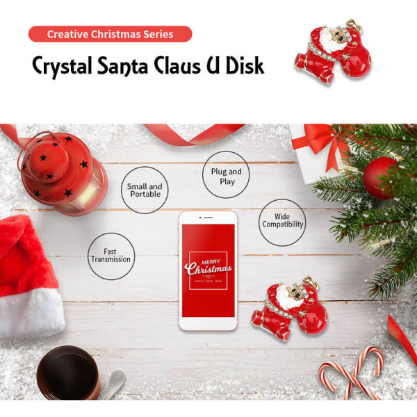Cle USB Creative Christmas, Cle USB Crystal Santa, Cle USB USB2.0, Mini Compact, Transmission haute vitesse, 64 Go