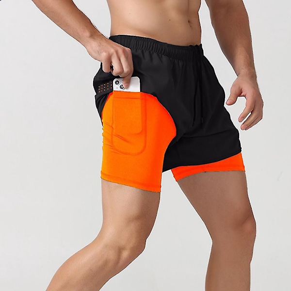 Mænds Hurtigtørrende Dobbeltlags Fitness Shorts - Fluorescerende Orange