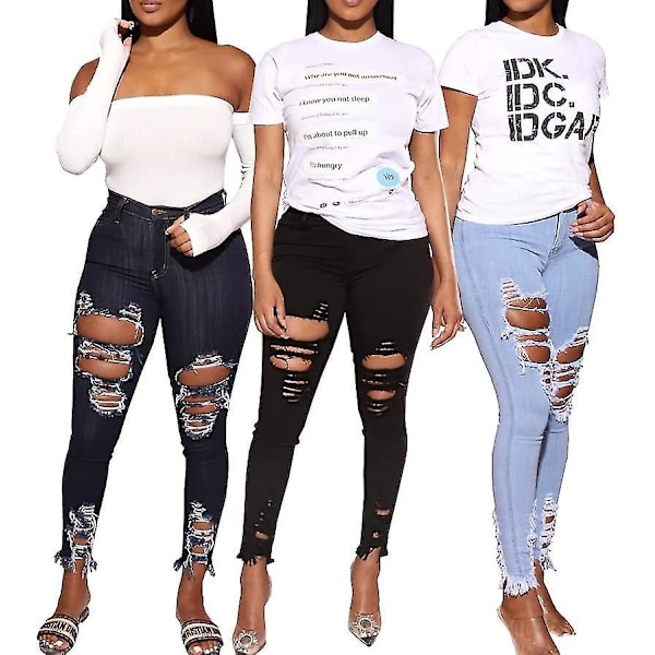 Dam High Waisted Ripped Jeans, Svart Denim, Storlek S