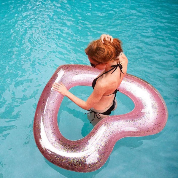 Oppblåsbar glitterhjertering (120 cm OD), oppblåsbar bassengflott, bassengfestleker, moro for voksne