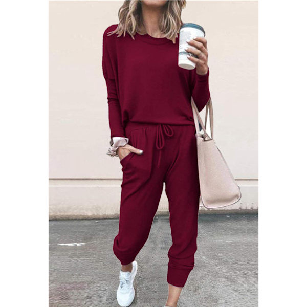 Dam 2-delad outfit Lös Stretchig Snygg långärmad tröja Byxa Höst Loungewear Pyjamasset Vinröd XL