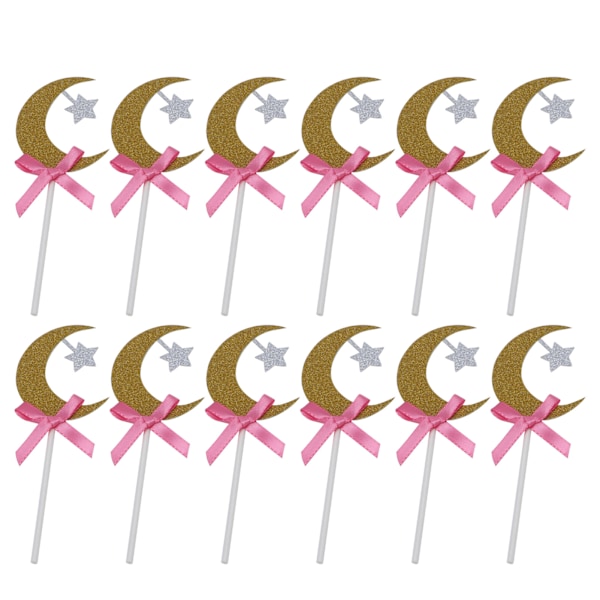 12 st Tårtdekoration Gyllene Måne Stjärna Tårtdekoration med Rosa Rosett Bröllop Födelsedagsfest Dekoration