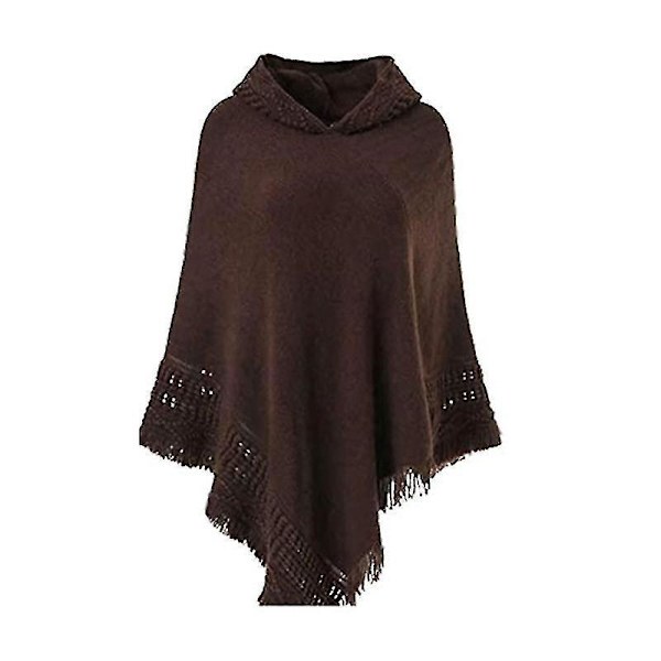 Vinter Dam Överdimensionerad Stickad Poncho Cape med Huva - Kaffe