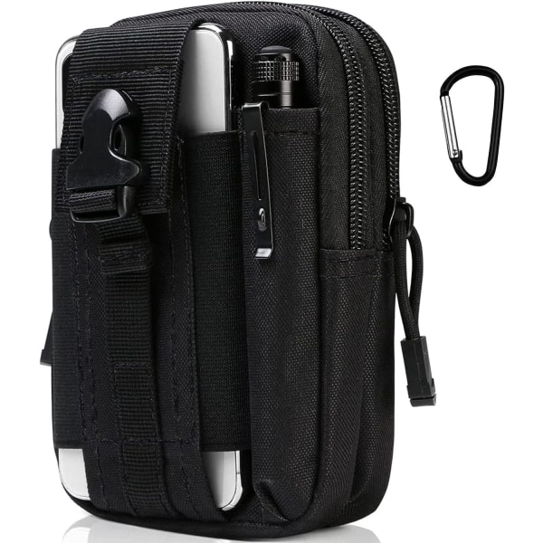 Svart Tactical bältesväska: Molle EDC multifunktionell prylväska för telefon, utomhus, vandring, cykling. Inkluderar karbinhakar.