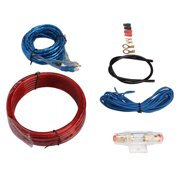 8 AWG:n autonvahvistimen kaapelisetti vahvistimen virtajohdolla, RCA-äänijohdolla autokaiuttimille ja subwooferille