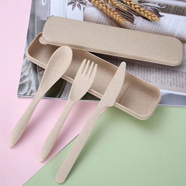 Hvetehalm Bestikksett Moderne Bærbar Gaffel Skje Kniv Bestikk med eske for Kontor Skole Piknik Beige
