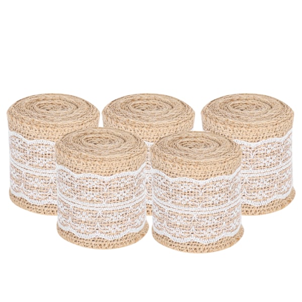 5 stk Burlap Bånd Spids Linned Rulle Jute Bælte DIY Håndlavet Hessian Rem Håndværk Dekorationer (Hvid)