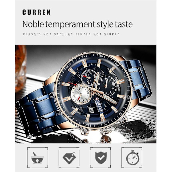 Luksuriøs Herre Chronograph Kvartsklokke - Vanntett & Stilig (Blå)