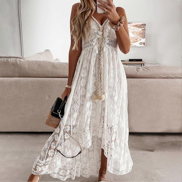 Damklänning Spets Stor Fåll Sommar Elegant Spaghetti Strap Midi-klänning För Fest White S