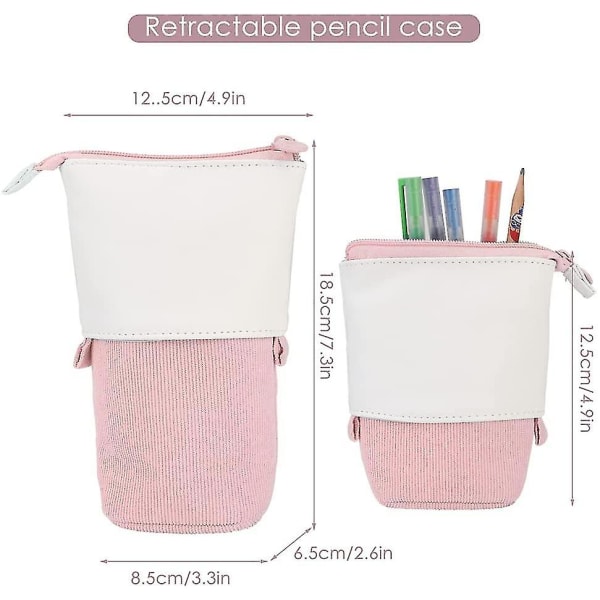 Uttrekkbart pennal, holdbart lerret teleskopisk blyanthus Pop-up stående skrivesaker Blyantveske med glidelåslukking (rosa)