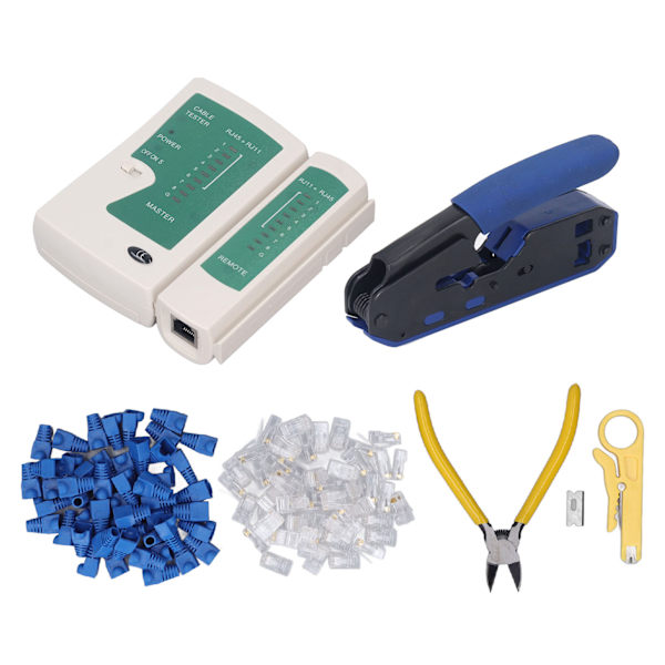 RJ45 Krympeverktøysett Strippetang 8P8C Krystallhode Nettverkstestersett for Cat5 Cat6 Kontakt