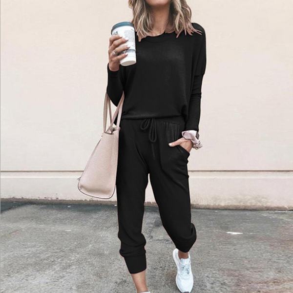 Dam 2-delad outfit Lös Stretchig Snygg långärmad tröja Byxa Höst Loungewear Pyjamas Set Svart XL