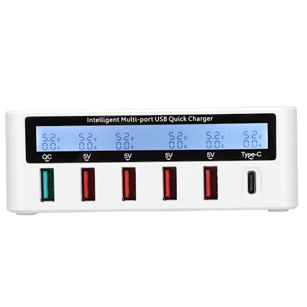 USB-telefonopladerblok 40W 6-ports QC 3.0 Opladningshub Trådløs opladningsbase med LCD Dispaly 100‑240V Hvid US-stik