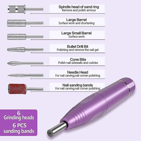 Neglebormaskin elektrisk, bærbart akrylneglesett, neglefilsett for manikyr pedikyrpolering Purple