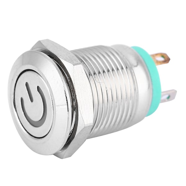 Grønt LED-lys fladt hoved selvtilbageførende metaltryknap med strømssymbol 12mm (12V)