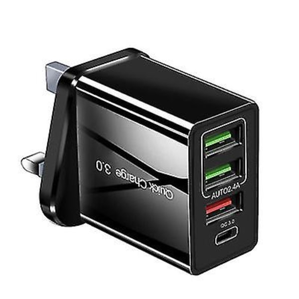 4 USB-reiselader Qc3.0 Hurtigladelader Usa /eu Pluggadapter Adapter Black USA Plug