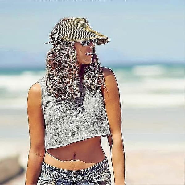 Solbeskyttelse med stor skygge, foldbar hat, sommerhat, solbeskyttelse, sommerhat, stråstrandhat (khaki) Black