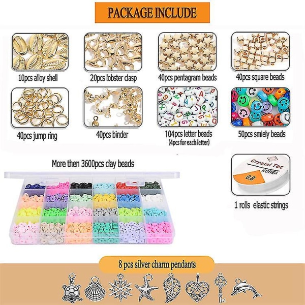4000 stk Polymer leireperler med anheng og ringer Gjør-det-selv-smykkesett,heishi-perler for smykkefremstilling Armbånd Halskjede