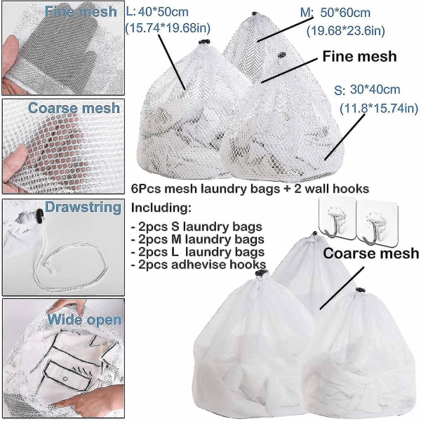 Grov finmasket vaskeposer med snøring Sterke nettposer, 6 stk