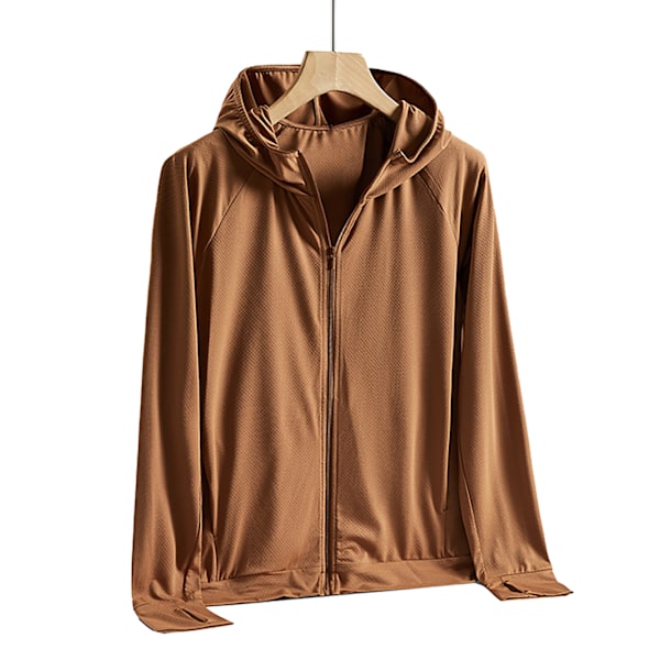 Män UPF 50+ Solskydd Lättvikts Full Zip Hoodie Jacka Långärmad Solskydd Jacka för Fiske Vandring Utomhus Brun XL