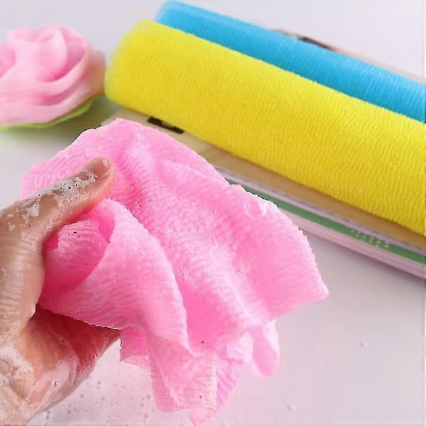 st. lange eksfolierende badehåndklæder i nylon til skønhedshud, 35 tommer, gul+blå+grøn+rosa