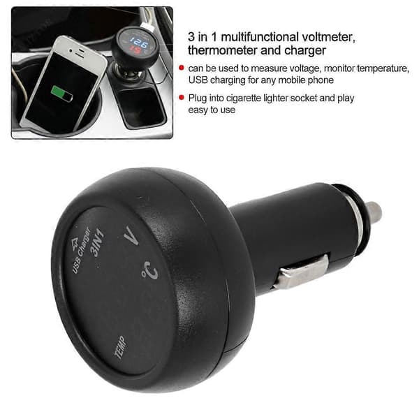 1 multifunktionell bil 12V/24V digital LED voltmeter termometer USB-laddare