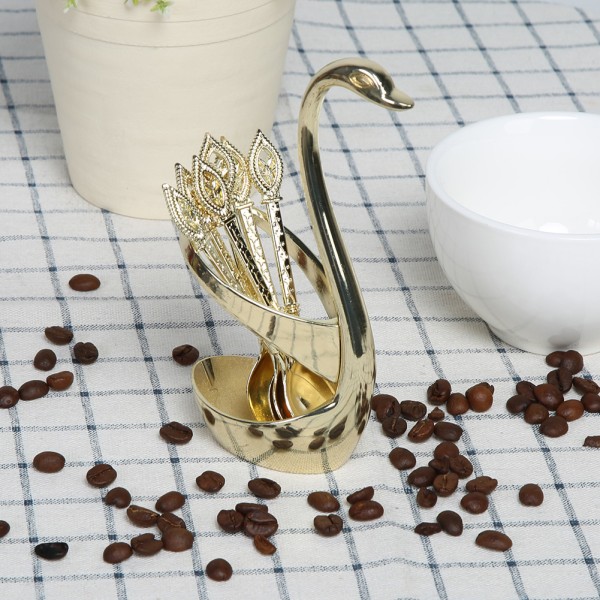 Fashion Elegant Coffee Dessert Spoon Cutlery Set med Swan Holder Hushåll Bordsartiklar Guld