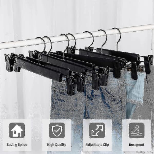 10 Black Hangers Compatible with Trousers and Skirts - Adjustable Non-Slip Clips and Space-Saving
